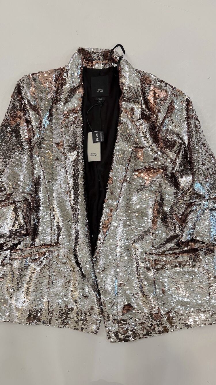 River Island 24 Silver Sequin Open Front Blazer Jacket Ruched Sleeves NWT